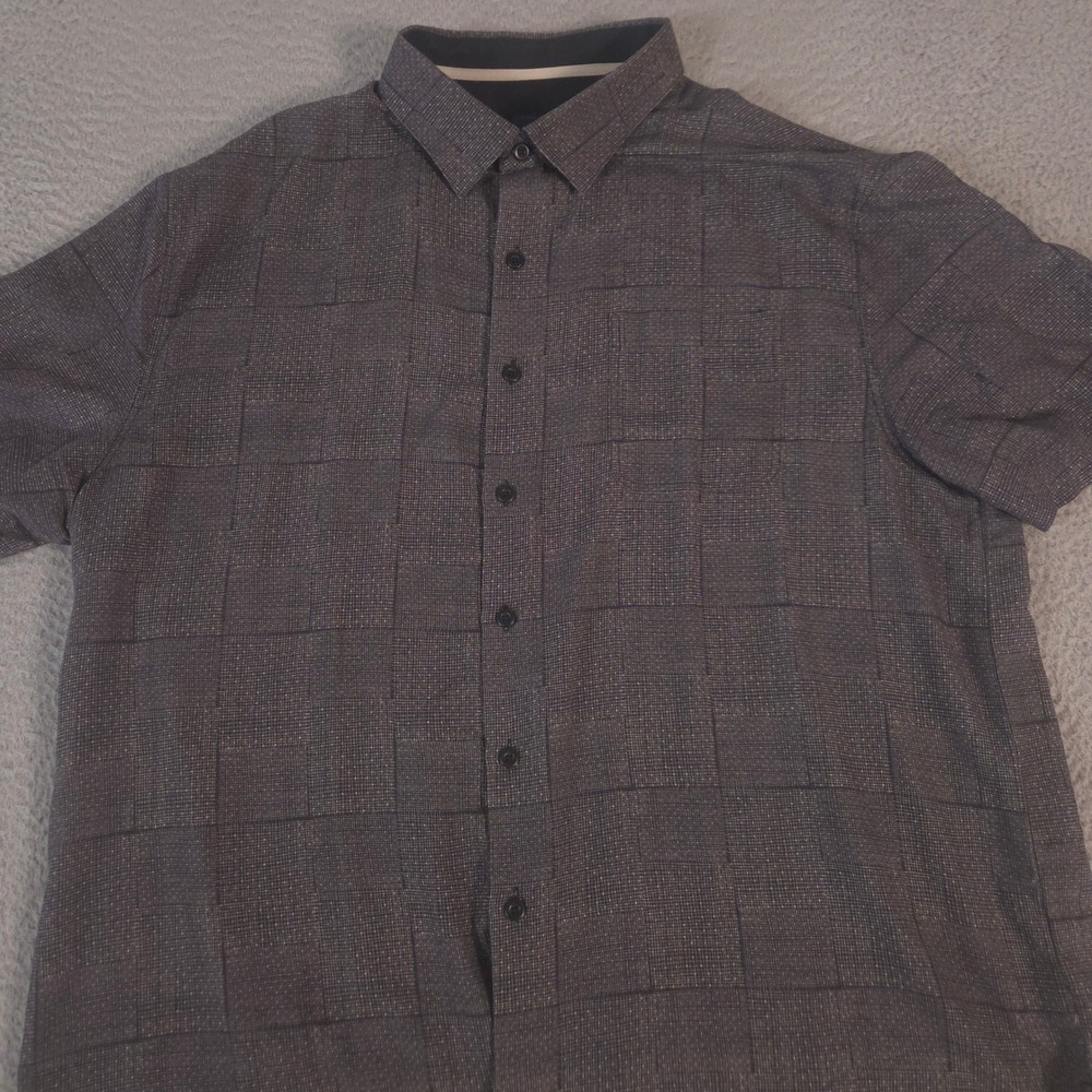 Nat Nast Shirt Mens XL Grey Silk Cotton Blend Grid Pattern Short Sleeve Luxury
